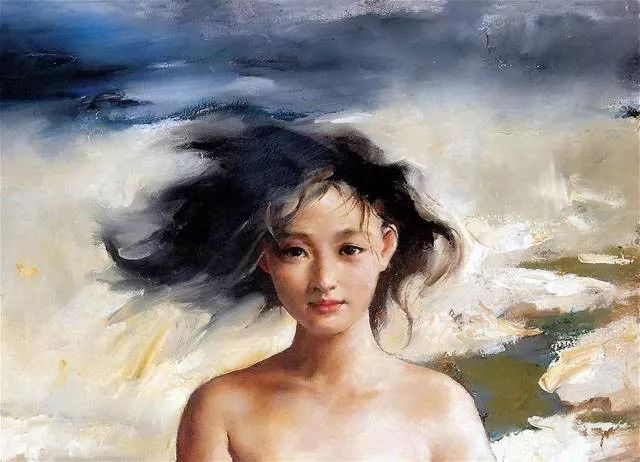 油画作品中的周迅，眼神里满是清澈