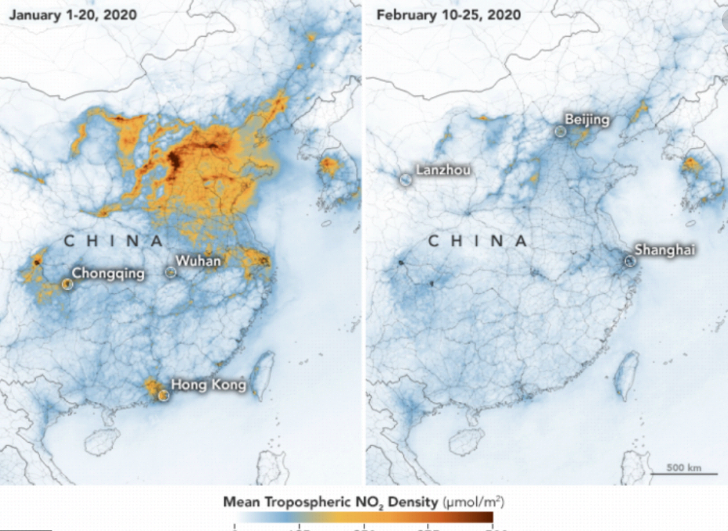 卫星数据表明:新冠疫情爆发后中国的污染大幅减少