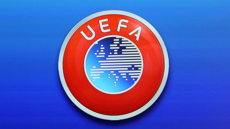 FILE PHOTO: Soccer Football - UEFA Executive Committee News Conference - Nyon, Switzerland - April 7, 2022 A UEFA logo is displayed in this illustration during the news conference REUTERS/Denis Balibouse/Illustration/File Photo