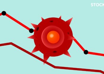 illustration of covid virus and recession line graph